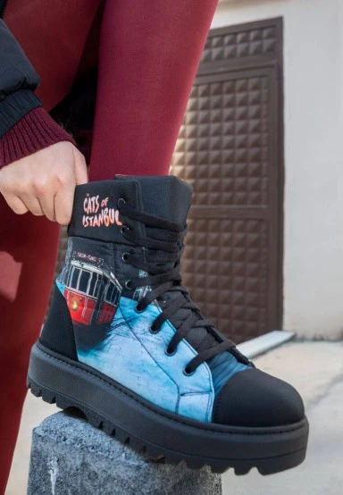 Femme Vegan Noir Bottes Longues - Paws on Taksim Motif - 