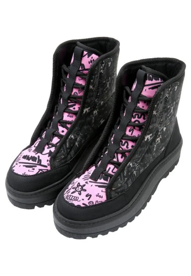 Femme Vegan Noir Bottes Longues - Doodle Camo Motif - 