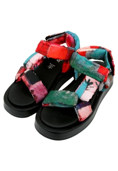 Femme Vegan Multicolore Sandales Compensées - Grass and Sea Motif - 