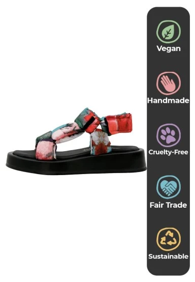 Femme Vegan Multicolore Sandales Compensées - Grass and Sea Motif - 