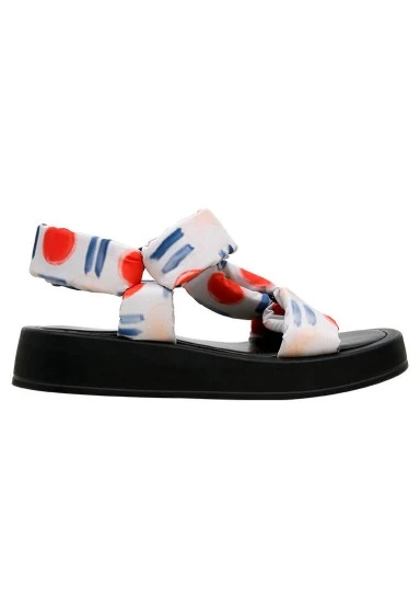 Femme Vegan Blanc Sandales Compensées - Red Fish Bleu Fish Motif - 