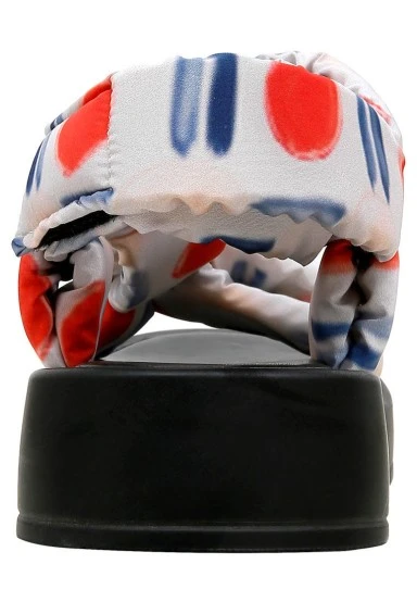 Femme Vegan Blanc Sandales Compensées - Red Fish Bleu Fish Motif - 