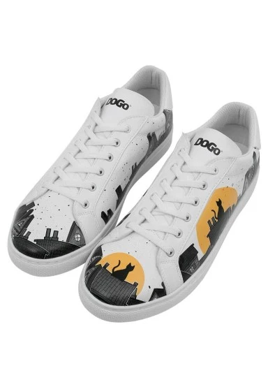 Homme Cuir Vegan Blanc Baskets - Night Lovers Motif - 