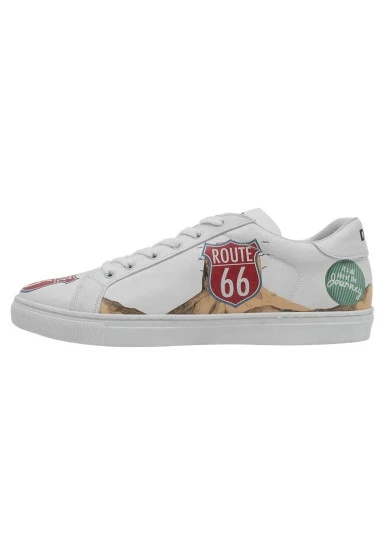 Homme Cuir Vegan Blanc Baskets - Route 66 Motif - 