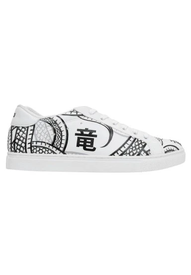 Homme Cuir Vegan Blanc Baskets - The Power Of The Dragon Motif - 