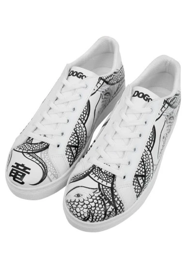 Homme Cuir Vegan Blanc Baskets - The Power Of The Dragon Motif - 