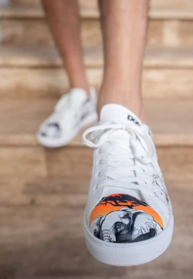 Homme Cuir Vegan Blanc Baskets - Sunset Animals Motif - 