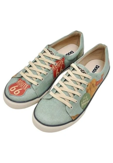 Homme Cuir Vegan Bleu Baskets - Route 66 Motif - 