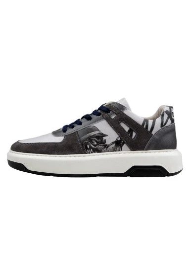 Homme Cuir Vegan Gris Baskets - Trouble Motif - 