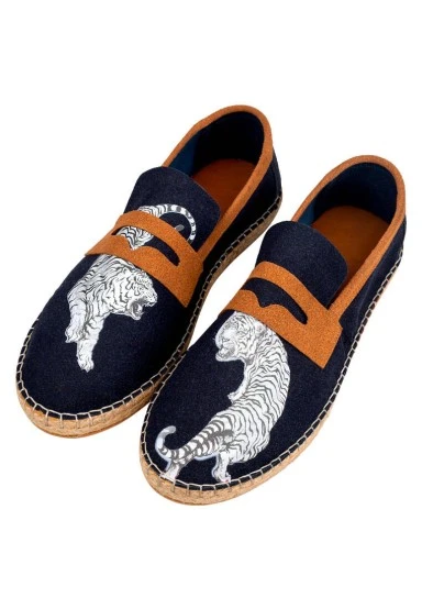 Homme Vegan Bleu Foncé Espadrilles - Uptown Tigers Navy Motif - 