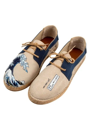 Homme Vegan Crème Espadrilles à Lacets - Japanese Waves Motif - 