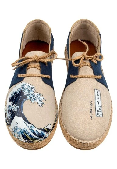 Homme Vegan Crème Espadrilles à Lacets - Japanese Waves Motif - 