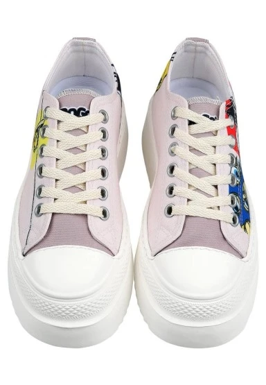 Kadın Vegan Beyaz Kalın Taban Sneakers - Warner Bros Looney Tunes Tweety Sylvester Puddy Tat Tasarım - 