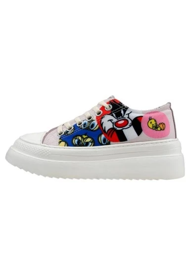 Kadın Vegan Beyaz Kalın Taban Sneakers - Warner Bros Looney Tunes Tweety Sylvester Puddy Tat Tasarım - 