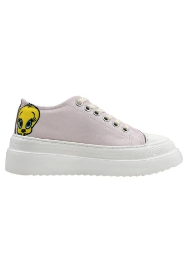 Kadın Vegan Beyaz Kalın Taban Sneakers - Warner Bros Looney Tunes Tweety Sylvester Puddy Tat Tasarım - 