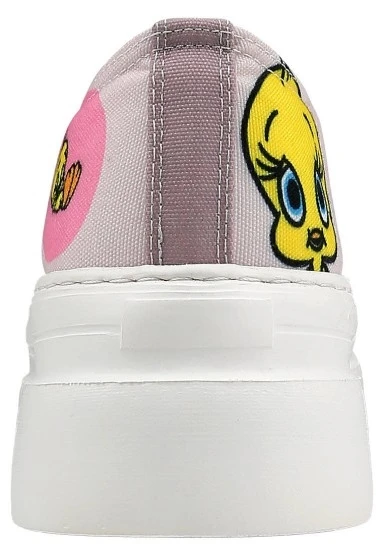Kadın Vegan Beyaz Kalın Taban Sneakers - Warner Bros Looney Tunes Tweety Sylvester Puddy Tat Tasarım - 