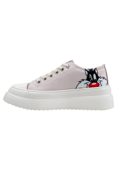 Kadın Vegan Beyaz Kalın Taban Sneakers - Warner Bros Looney Tunes Tweety Sylvester Puddy Tat Tasarım - 