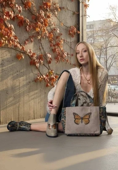 Kadın Vegan Deri Bej Bilekte Bot - Moths and Butterflies Tasarım - 