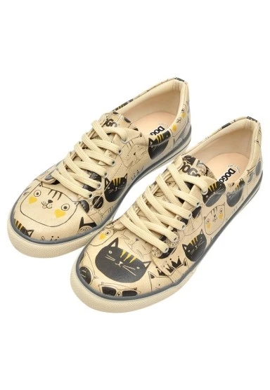Kadın Vegan Deri Bej Sneakers - Monochrome Cats Tasarım - 