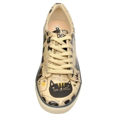 Kadın Vegan Deri Bej Sneakers - Monochrome Cats Tasarım - 