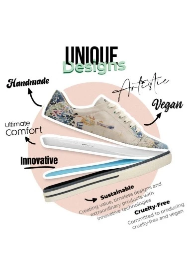 Kadın Vegan Deri Bej Sneakers - Watercolor and Sailors Tasarım - 