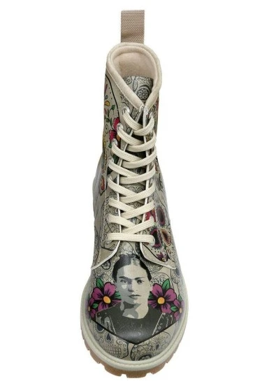 Kadın Vegan Deri Bej Uzun Bot - Remembrance Of Frida Kahlo Tasarım - 