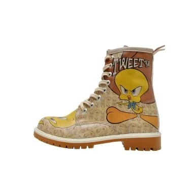 Kadın Vegan Deri Bej Uzun Bot - Warner Bros Tweety Moods Tasarım - 