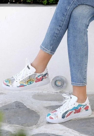 Kadın Vegan Deri Beyaz Günlük Sneakers - Open Your Mind Tasarım - 
