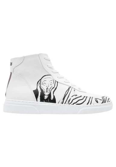 Kadın Vegan Deri Beyaz High Sneakers - Edvard Munch The Scream Muse Tasarım - 