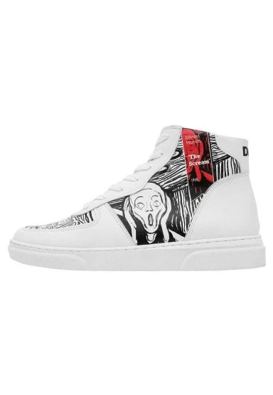 Kadın Vegan Deri Beyaz High Sneakers - Edvard Munch The Scream Muse Tasarım - 