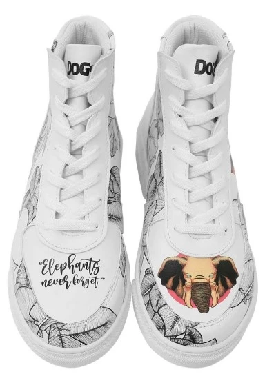 Kadın Vegan Deri Beyaz High Sneakers - Elephants Never Forget Tasarım - 