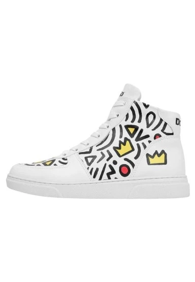 Kadın Vegan Deri Beyaz High Sneakers - Abstract Outline White Tasarım - 
