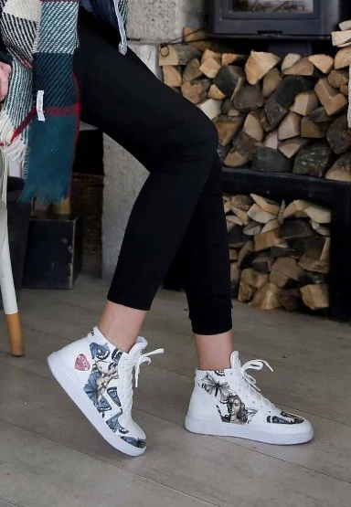 Kadın Vegan Deri Beyaz High Sneakers - Love Me Tasarım - 