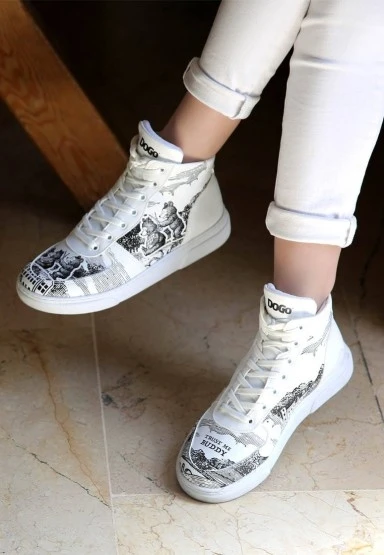 Kadın Vegan Deri Beyaz High Sneakers - Trust Me Buddy Tasarım - 