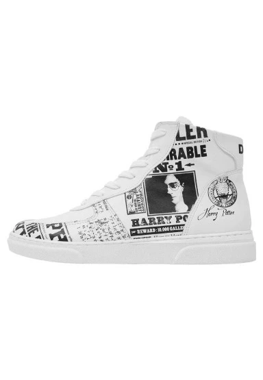 Kadın Vegan Deri Beyaz High Sneakers - Warner Bros Daily Prophet Harry Potter Tasarım - 
