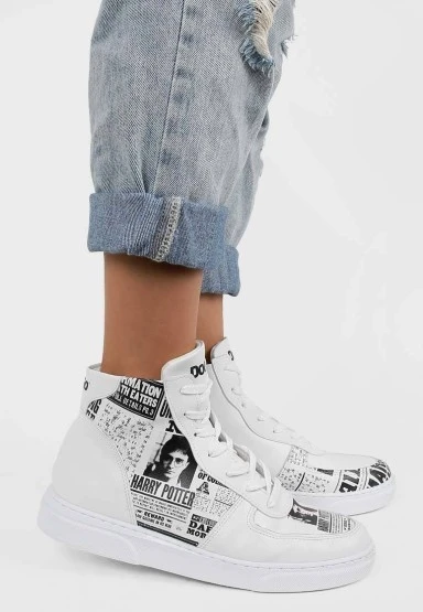 Kadın Vegan Deri Beyaz High Sneakers - Warner Bros Daily Prophet Harry Potter Tasarım - 
