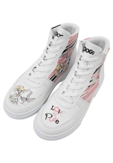 Kadın Vegan Deri Beyaz High Sneakers - Warner Bros Love is Pure Bugs Bunny Tasarım - 