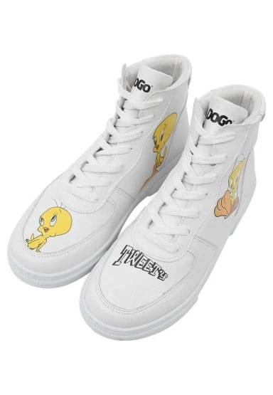 Kadın Vegan Deri Beyaz High Sneakers - Warner Bros Tweety Classic Tasarım - 