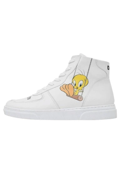 Kadın Vegan Deri Beyaz High Sneakers - Warner Bros Tweety Classic Tasarım - 