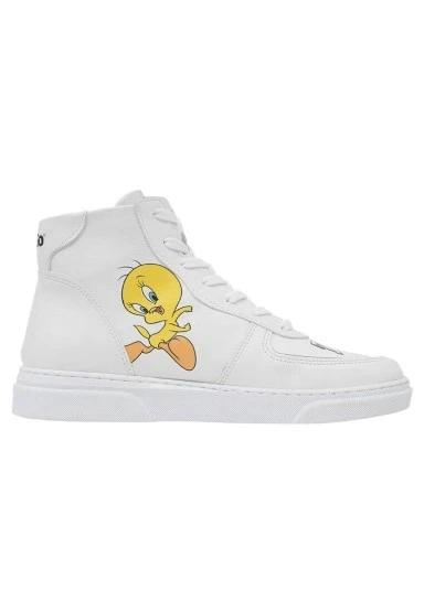Kadın Vegan Deri Beyaz High Sneakers - Warner Bros Tweety Classic Tasarım - 