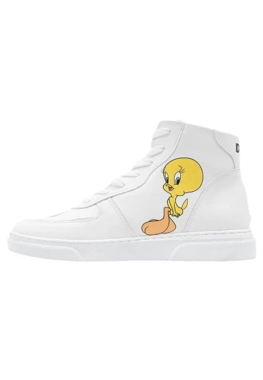 Kadın Vegan Deri Beyaz High Sneakers - Warner Bros Tweety Classic Tasarım - 