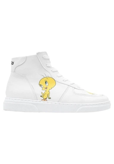 Kadın Vegan Deri Beyaz High Sneakers - Warner Bros Tweety Classic Tasarım - 