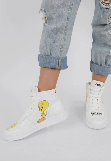 Kadın Vegan Deri Beyaz High Sneakers - Warner Bros Tweety Classic Tasarım - 