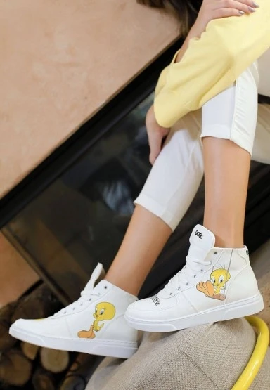 Kadın Vegan Deri Beyaz High Sneakers - Warner Bros Tweety Classic Tasarım - 