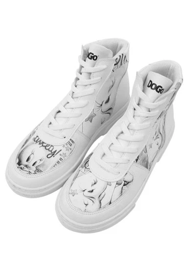 Kadın Vegan Deri Beyaz High Sneakers - Warner Bros Tweety Sketch Tasarım - 