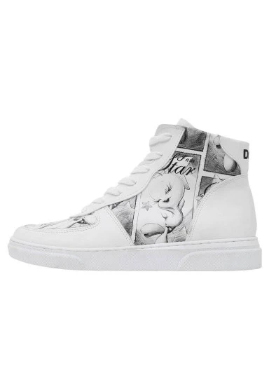 Kadın Vegan Deri Beyaz High Sneakers - Warner Bros Tweety Sketch Tasarım - 