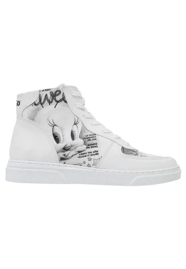 Kadın Vegan Deri Beyaz High Sneakers - Warner Bros Tweety Sketch Tasarım - 