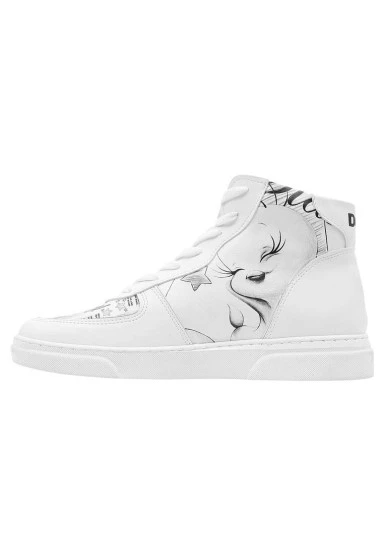 Kadın Vegan Deri Beyaz High Sneakers - Warner Bros Tweety Sketch Tasarım - 