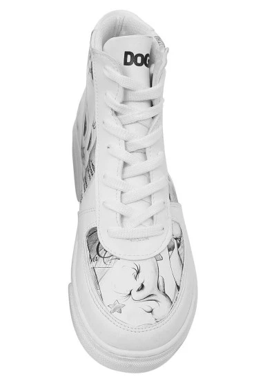Kadın Vegan Deri Beyaz High Sneakers - Warner Bros Tweety Sketch Tasarım - 