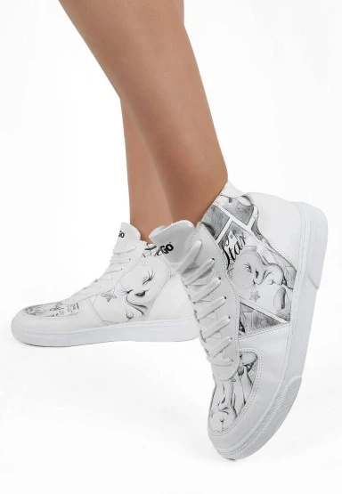 Kadın Vegan Deri Beyaz High Sneakers - Warner Bros Tweety Sketch Tasarım - 